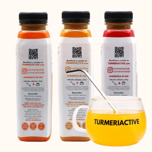 TURMERIACTIVE Blends - Kit de Infusión y Concentrados: 1 Bote de Original + 1 Bote de Jengibre + 1 Bote de P. Cayenne + 1 Taza + 1 Popote Metálico
