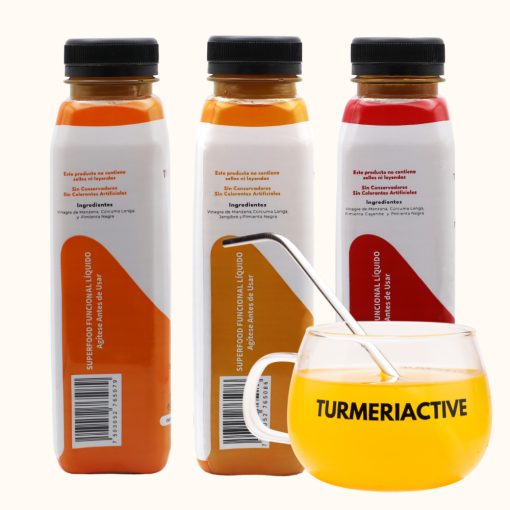 TURMERIACTIVE Blends - Kit de Infusión y Concentrados: 1 Bote de Original + 1 Bote de Jengibre + 1 Bote de P. Cayenne + 1 Taza + 1 Popote Metálico